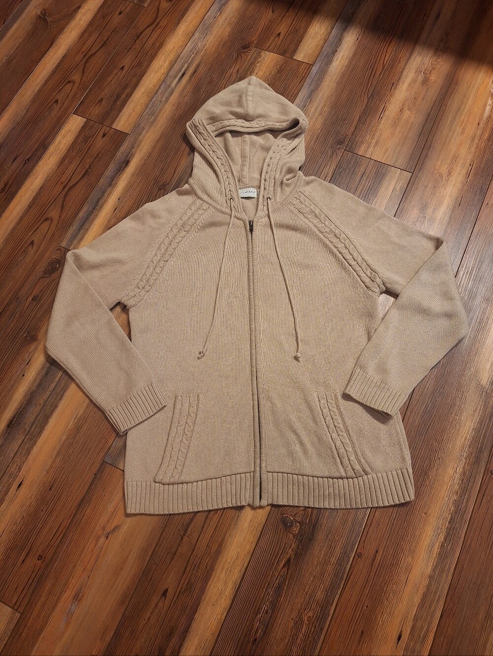 Y2K White Stag Tan/Beige Hooded Zip Up Cardigan Sweater Womens Medium Pockets